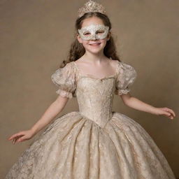 A cheerful young girl, face fully obscured by an intricate mask, prancing and giggling while garbed in an elaborate 1800s era ball gown