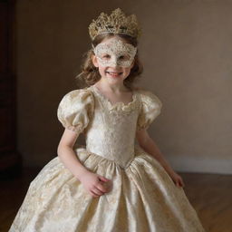 A cheerful young girl, face fully obscured by an intricate mask, prancing and giggling while garbed in an elaborate 1800s era ball gown