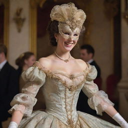 A youthful lady, face hidden by a highly decorative mask, dancing and laughing exuberantly while dressed in a lavish 1800's ball gown