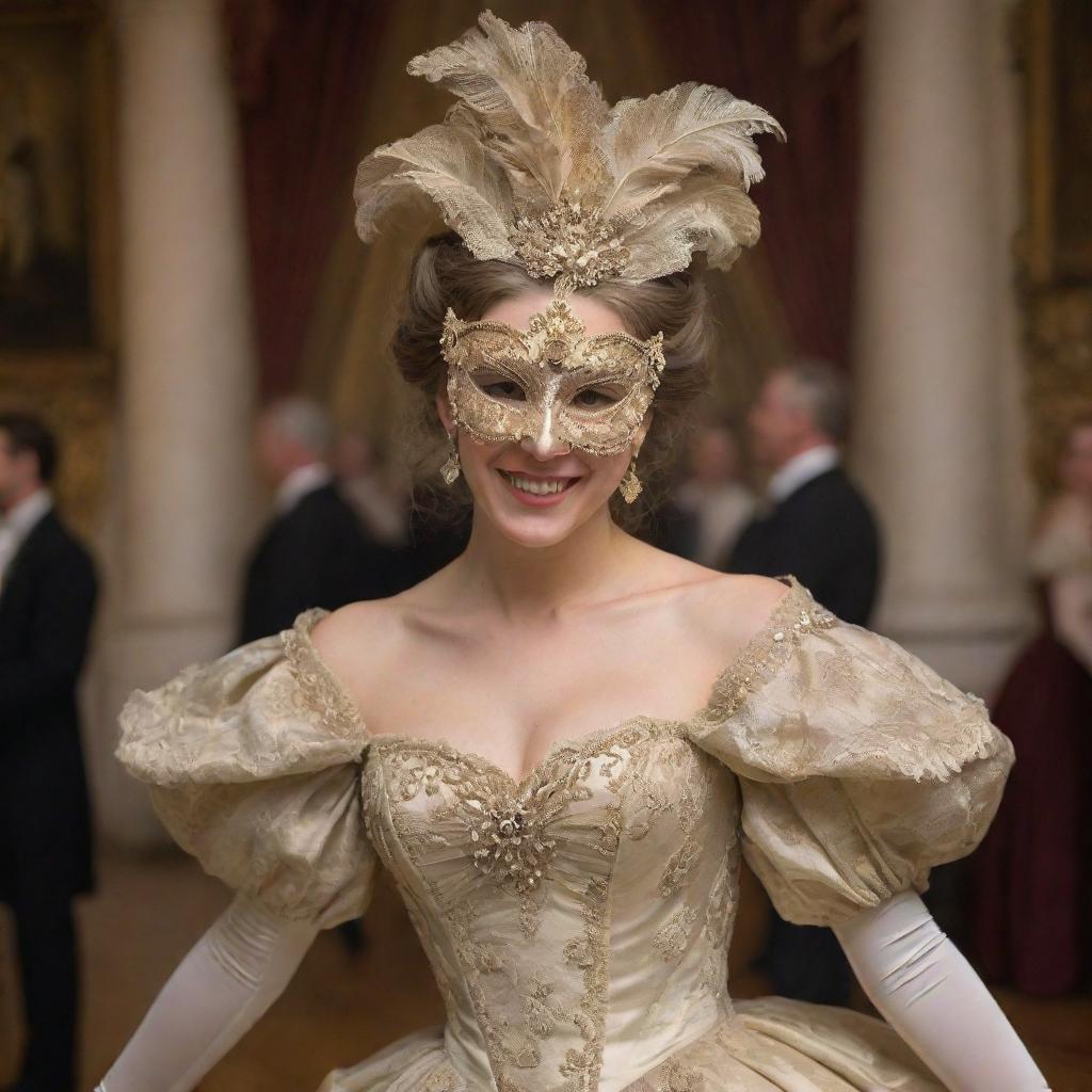 A youthful lady, face hidden by a highly decorative mask, dancing and laughing exuberantly while dressed in a lavish 1800's ball gown