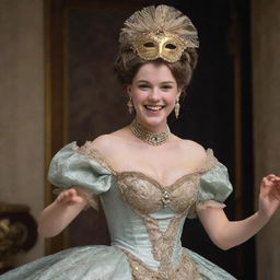 A youthful lady, face hidden by a highly decorative mask, dancing and laughing exuberantly while dressed in a lavish 1800's ball gown