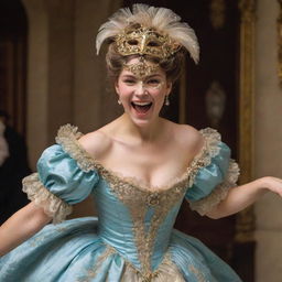 A youthful lady, face hidden by a highly decorative mask, dancing and laughing exuberantly while dressed in a lavish 1800's ball gown