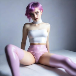 This is an ultra-realistic photograph, taken using a Nikon or Sony Alpha IV camera, of a 22-year-old woman with short purple hair