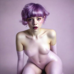This is an ultra-realistic photograph, taken using a Nikon or Sony Alpha IV camera, of a 22-year-old woman with short purple hair