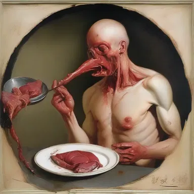 The painting depicted a scene of omophagia with the subject consuming a plate of uncooked meat.