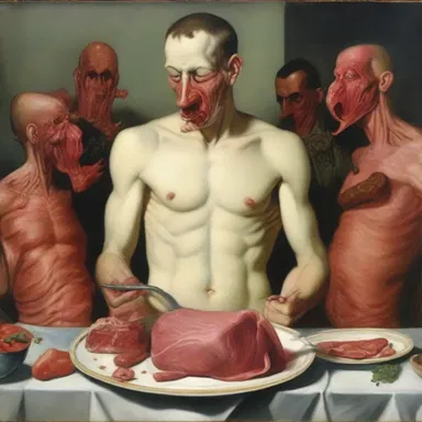 The painting depicted a scene of omophagia with the subject consuming a plate of uncooked meat.