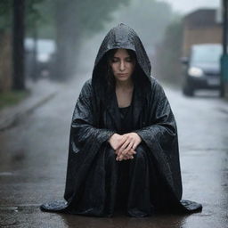 A desolate woman clad in a black, hooded robe, looking pensive and mournful as she sits alone under a heavy rain