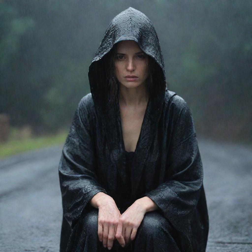 A desolate woman clad in a black, hooded robe, looking pensive and mournful as she sits alone under a heavy rain