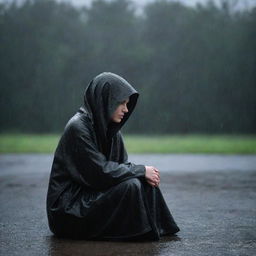 A desolate woman clad in a black, hooded robe, looking pensive and mournful as she sits alone under a heavy rain