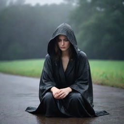 A desolate woman clad in a black, hooded robe, looking pensive and mournful as she sits alone under a heavy rain