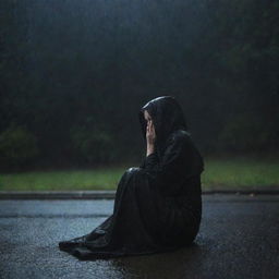 A solemn woman donned in a black, hooded robe sits alone, appearing melancholic under the pouring rain at night