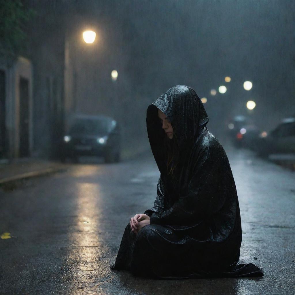 A solemn woman donned in a black, hooded robe sits alone, appearing melancholic under the pouring rain at night