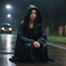 A solemn woman donned in a black, hooded robe sits alone, appearing melancholic under the pouring rain at night