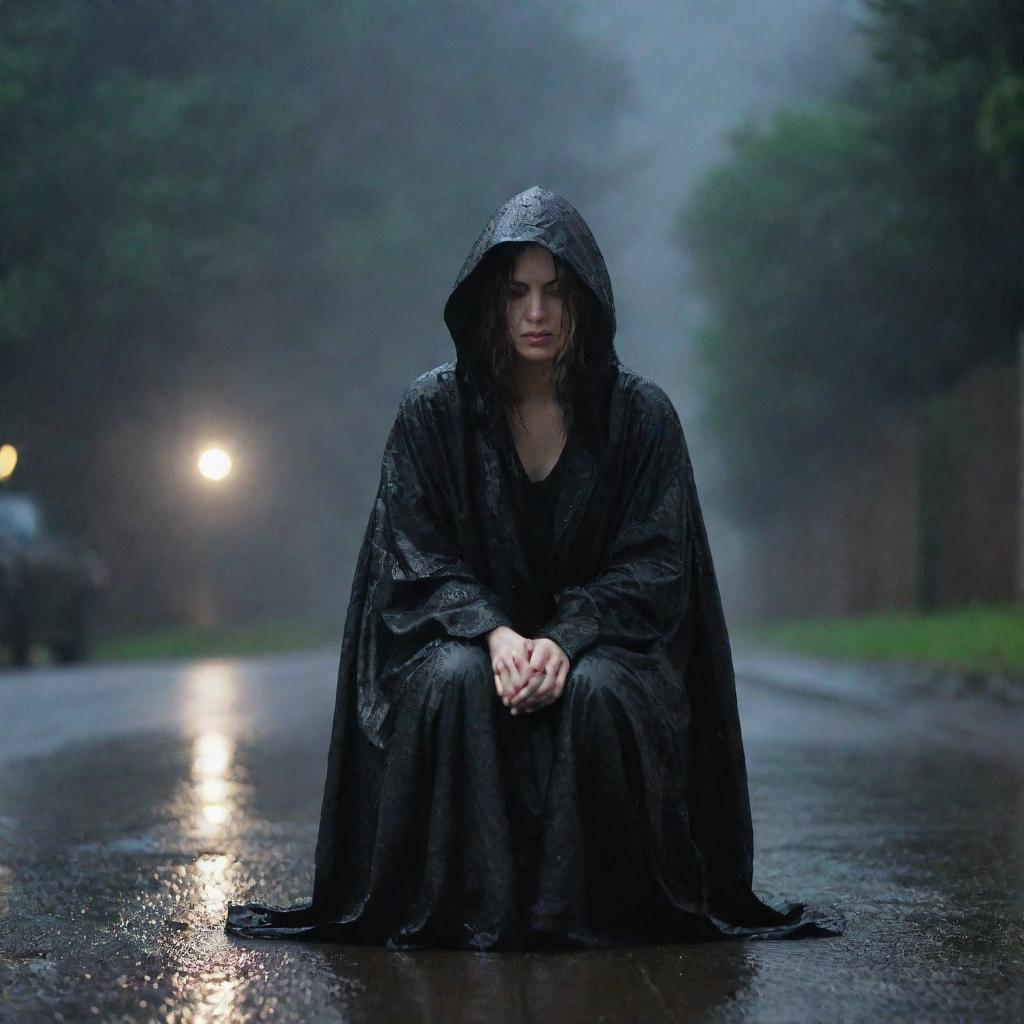 A solemn woman donned in a black, hooded robe sits alone, appearing melancholic under the pouring rain at night