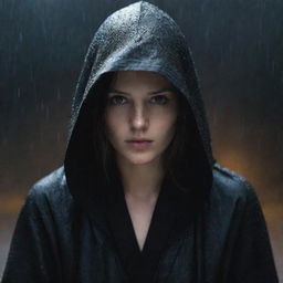 An enigmatic woman shrouded in a black hooded robe, her face concealed by cloth, sitting forlornly under the pouring nighttime rain