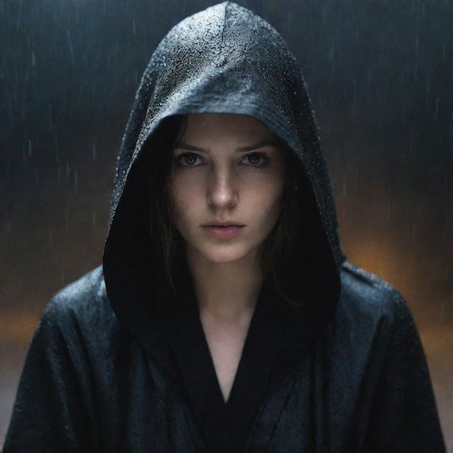 An enigmatic woman shrouded in a black hooded robe, her face concealed by cloth, sitting forlornly under the pouring nighttime rain