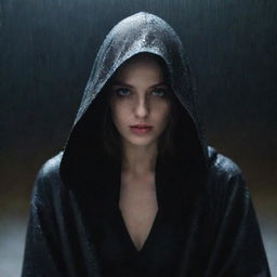 An enigmatic woman shrouded in a black hooded robe, her face concealed by cloth, sitting forlornly under the pouring nighttime rain