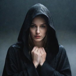 An enigmatic woman shrouded in a black hooded robe, her face concealed by cloth, sitting forlornly under the pouring nighttime rain