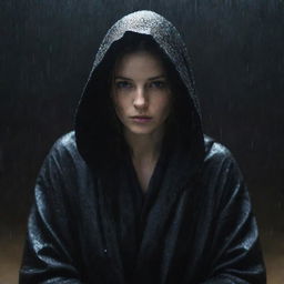 An enigmatic woman shrouded in a black hooded robe, her face concealed by cloth, sitting forlornly under the pouring nighttime rain