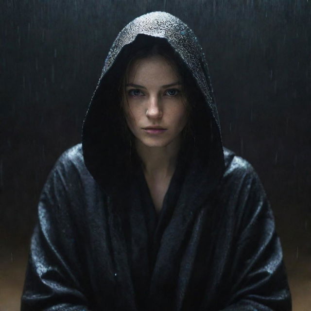 An enigmatic woman shrouded in a black hooded robe, her face concealed by cloth, sitting forlornly under the pouring nighttime rain