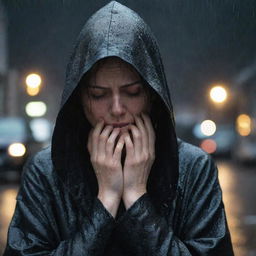 A distraught woman, wrapped in a black, hooded robe, shedding tears under the relentless night rain