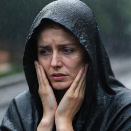 A distraught woman, wrapped in a black, hooded robe, shedding tears under the relentless night rain