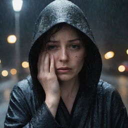 A distraught woman, wrapped in a black, hooded robe, shedding tears under the relentless night rain