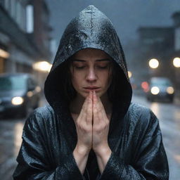 A distraught woman, wrapped in a black, hooded robe, shedding tears under the relentless night rain