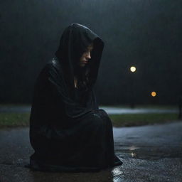 A solitary woman, enshrouded in a black, hooded robe, sitting silently under the unrelenting rain at night