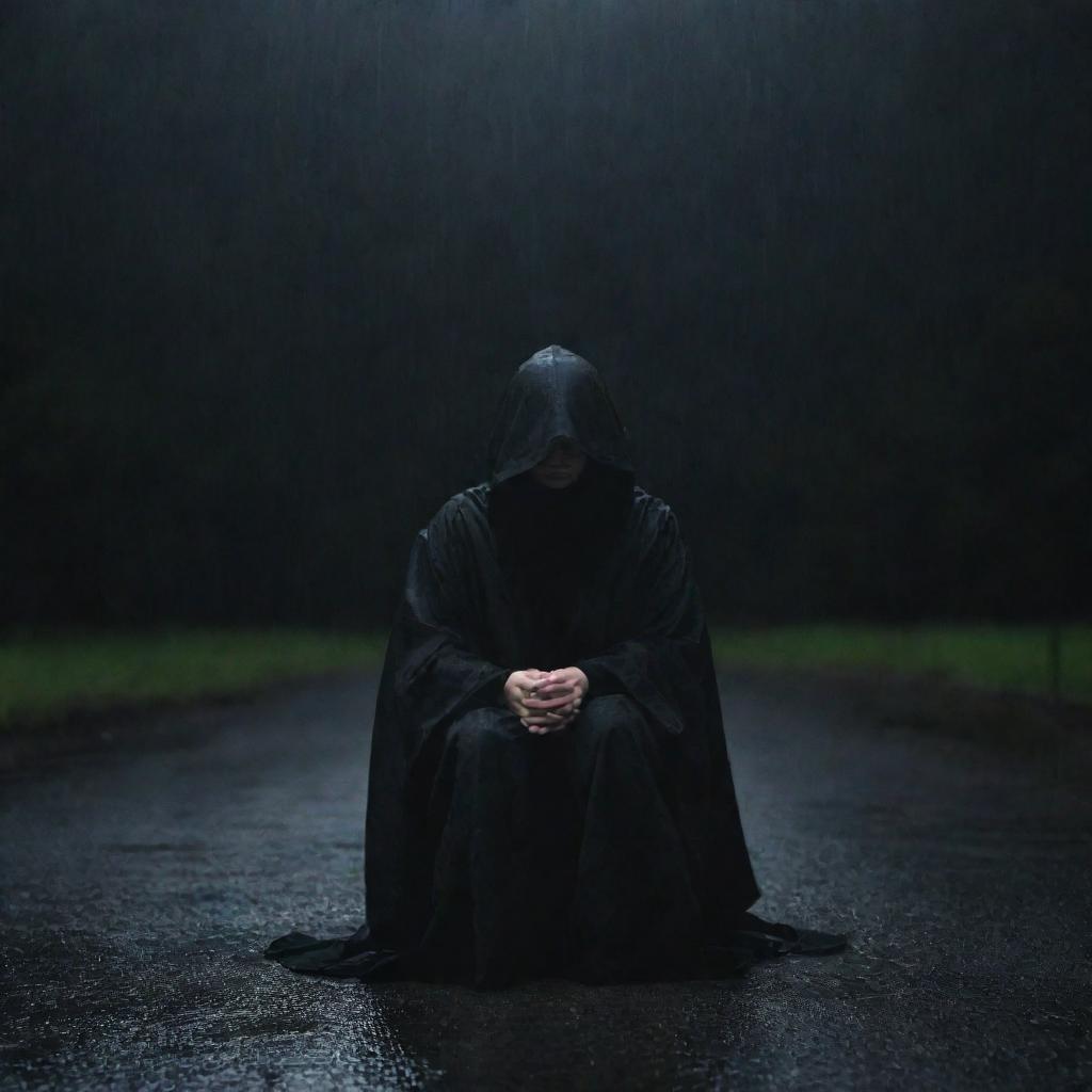 A solitary woman, enshrouded in a black, hooded robe, sitting silently under the unrelenting rain at night