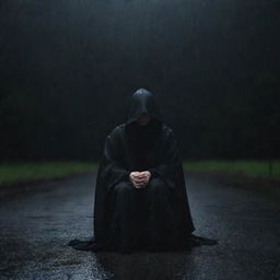 A solitary woman, enshrouded in a black, hooded robe, sitting silently under the unrelenting rain at night