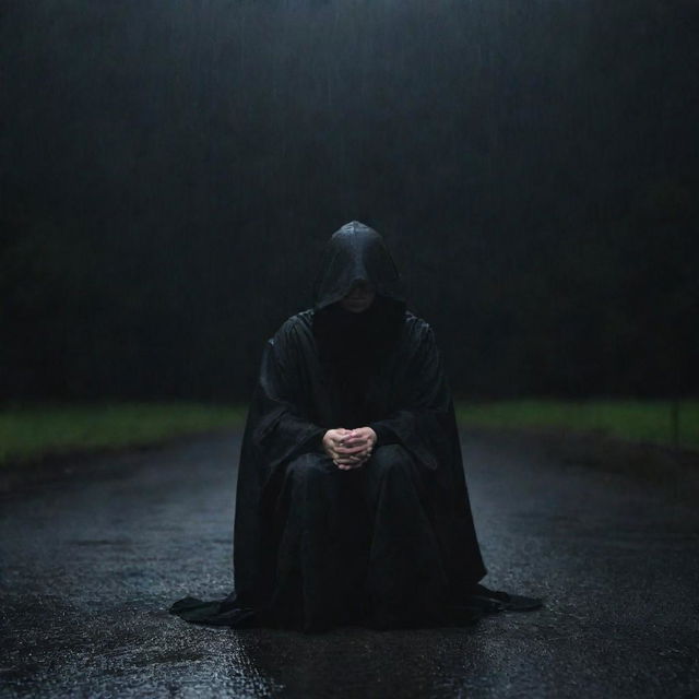 A solitary woman, enshrouded in a black, hooded robe, sitting silently under the unrelenting rain at night