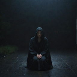 A solitary woman, enshrouded in a black, hooded robe, sitting silently under the unrelenting rain at night