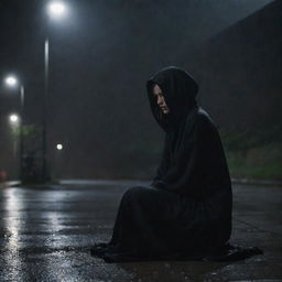 A solitary woman, enshrouded in a black, hooded robe, sitting silently under the unrelenting rain at night