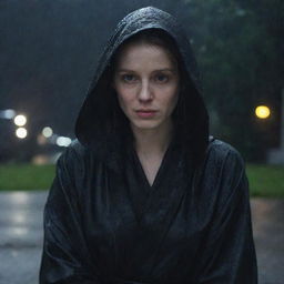 A pale-faced woman, wrapped in a black hooded robe, sitting quietly under the persistent rain at nighttime