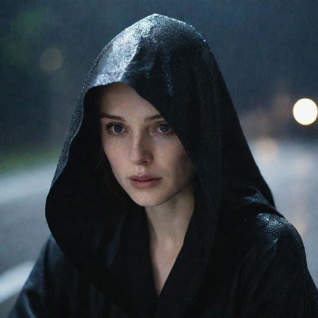 A pale-faced woman, wrapped in a black hooded robe, sitting quietly under the persistent rain at nighttime