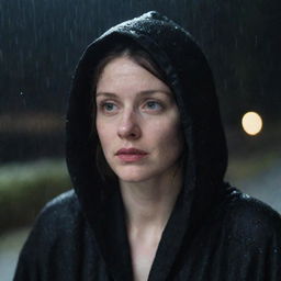 A pale-faced woman, wrapped in a black hooded robe, sitting quietly under the persistent rain at nighttime