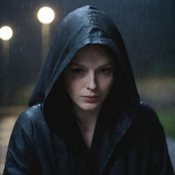 A pale-faced woman, wrapped in a black hooded robe, sitting quietly under the persistent rain at nighttime