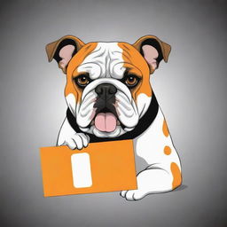 A vector illustration of a bulldog holding a sign, primarily in black and white with accents of orange.