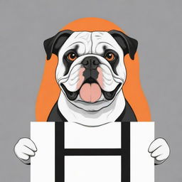 A vector illustration of a bulldog holding a sign, primarily in black and white with accents of orange.