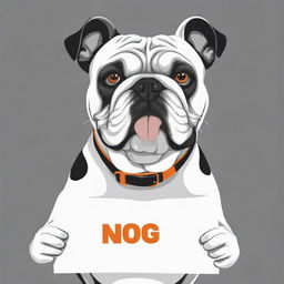 A vector illustration of a bulldog holding a sign, primarily in black and white with accents of orange.