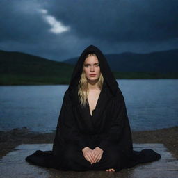 The singer Aurora Aksnes, characterized by her unique style, draped in a black hooded robe and sitting under a nighttime rainfall, in a serene contemplative state