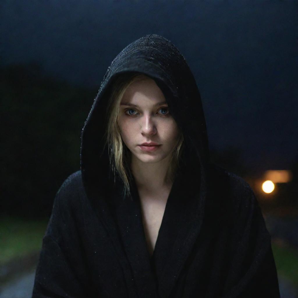 The singer Aurora Aksnes, characterized by her unique style, draped in a black hooded robe and sitting under a nighttime rainfall, in a serene contemplative state