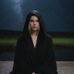 The singer Aurora Aksnes, characterized by her unique style, draped in a black hooded robe and sitting under a nighttime rainfall, in a serene contemplative state