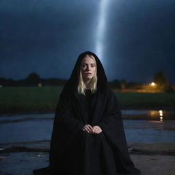 The singer Aurora Aksnes, characterized by her unique style, draped in a black hooded robe and sitting under a nighttime rainfall, in a serene contemplative state