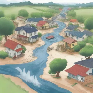 In the cartoon, a storm caused an overflow of water, flooding the entire town.