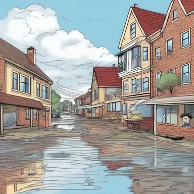 In the cartoon, a storm caused an overflow of water, flooding the entire town.