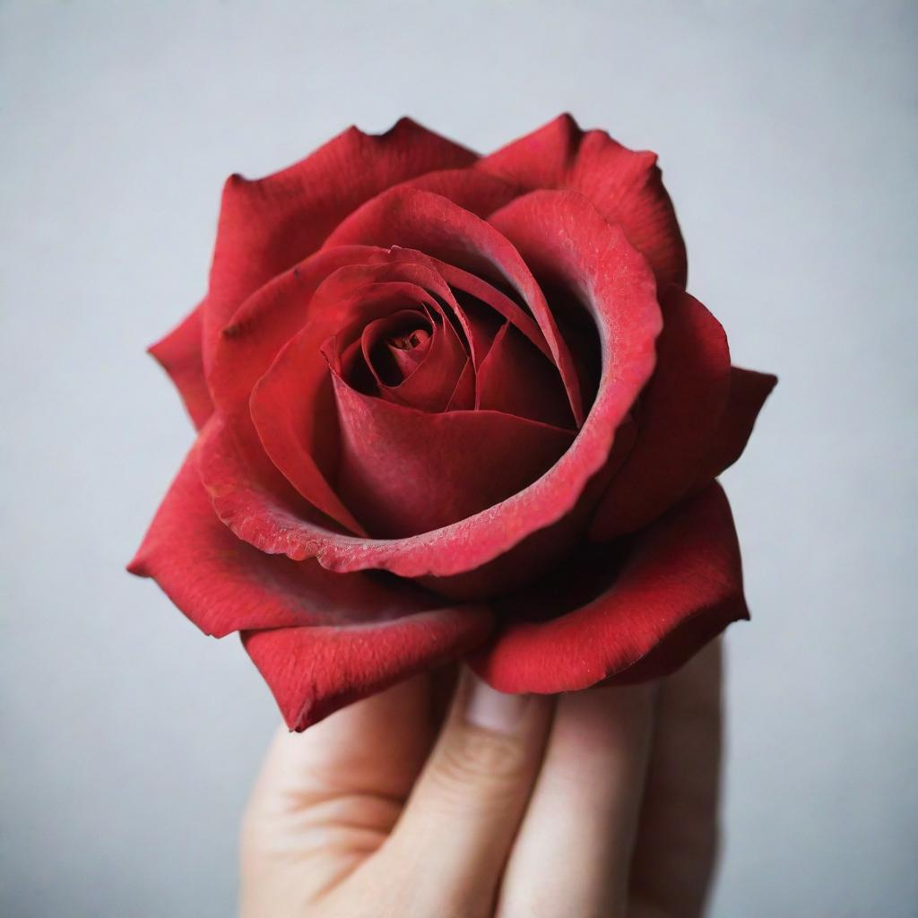 A detailed close-up image of a hand delicately holding a vibrant red rose.