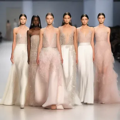 The runway show featured models adorned with elegant gowns, cascading with an overflow of luxurious fabrics and intricate details.