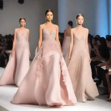 The runway show featured models adorned with elegant gowns, cascading with an overflow of luxurious fabrics and intricate details.